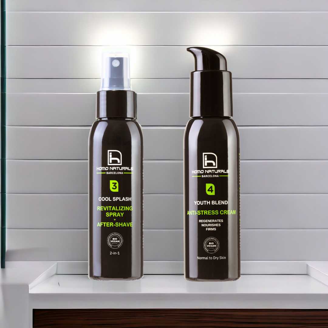 Kit de hidratación facial para hombre. Incluye spray revitalizante y crema antiedad.