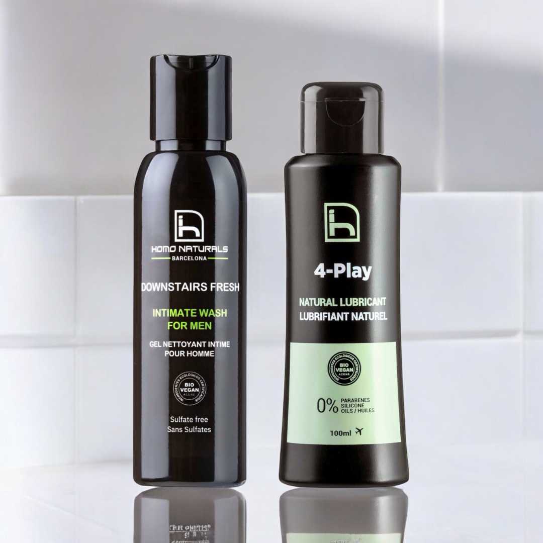 Kit de productos de higiene íntima para hombre. Contiene jabón íntimo y lubricante natural.